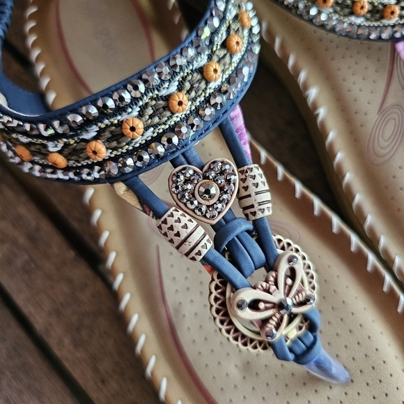 NWOT Aomigoct navy bohemian embellished elastic ankle flip flops sandals - Picture 5 of 12